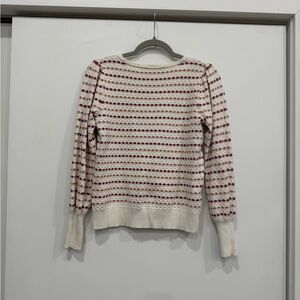 LOFT Women's Cream and Red Striped Geometric Knit Sweater